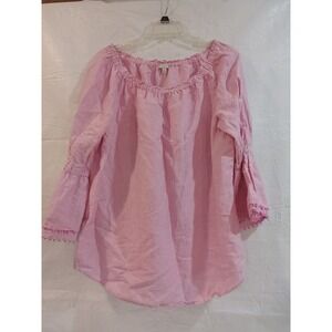 Talbots Pink White Striped Linen Blend Pom Pom Bell Sleeve Blouse Top Medium